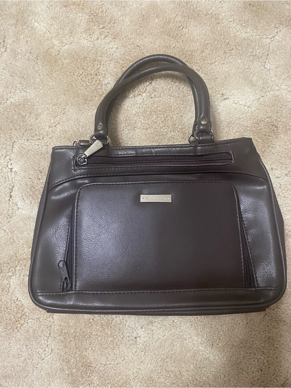 Classic Dark Brown Leather Satchel with Front Zip Pocket, Multiple Zip Comparts.